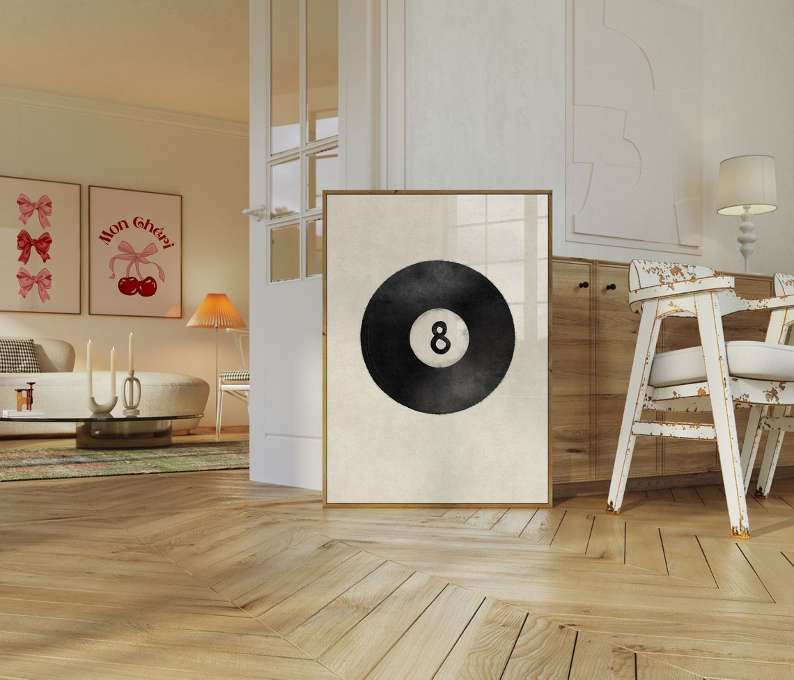 Black 8 Ball On Cream Minimalist Billiards Game Room Art Poster - Image 3