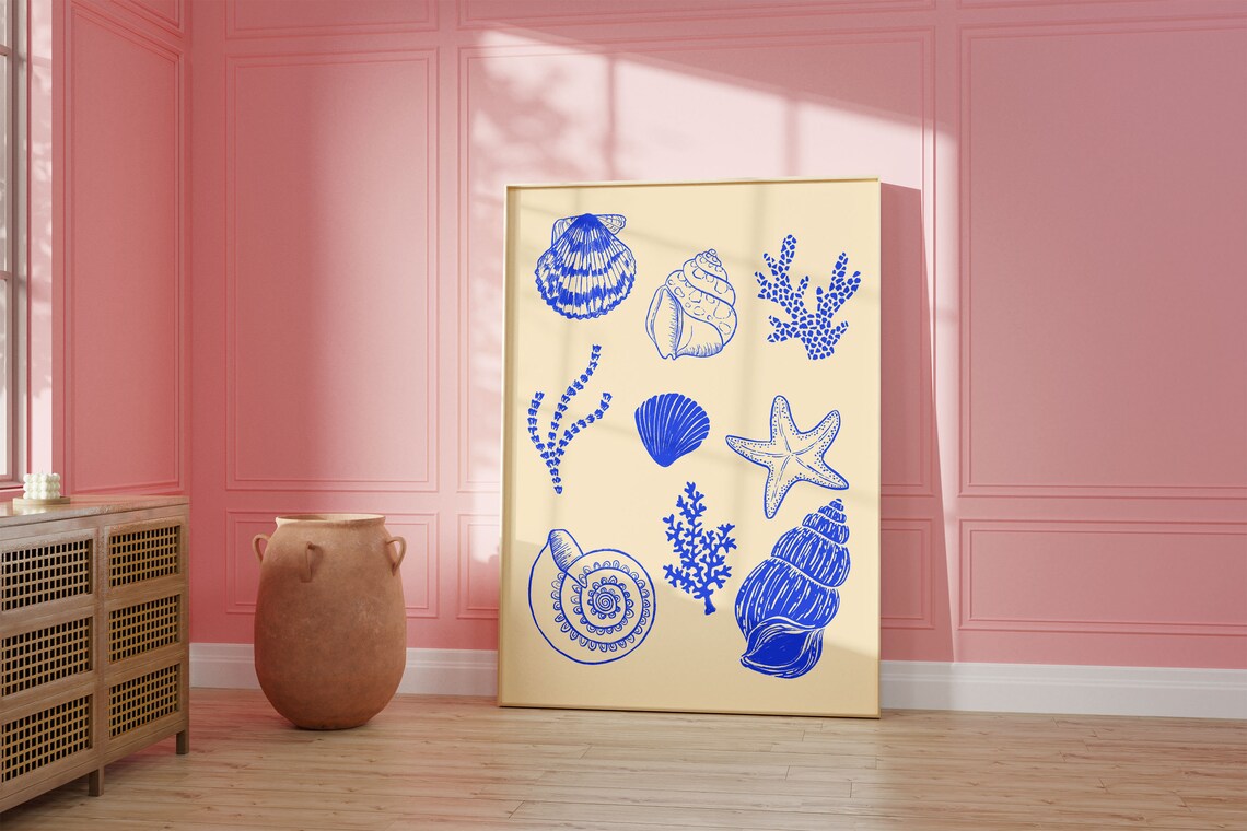 Seashells Blue Vintage Beachy Line Art Art Print - Image 2