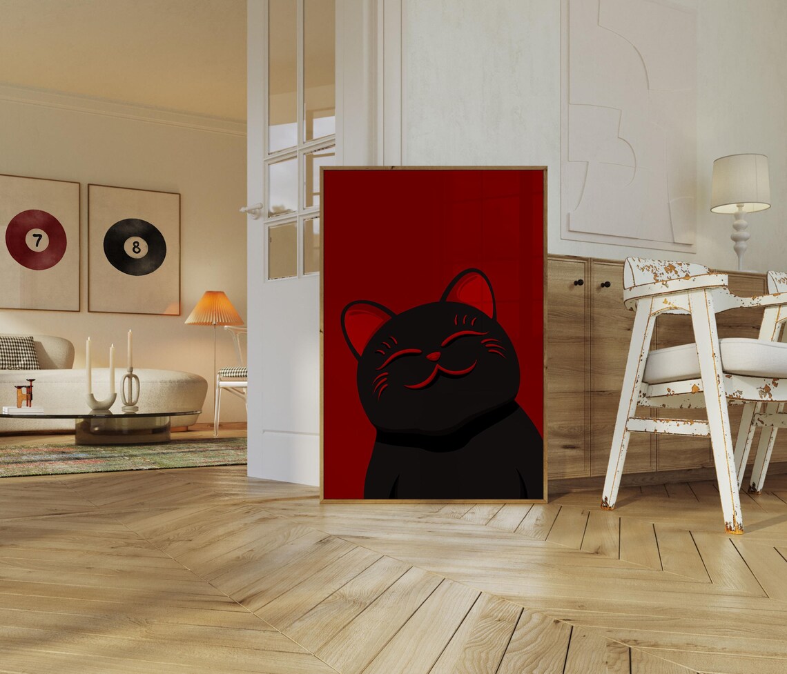 Maneki Neko Black Cat Japandi Poster Print - Image 3