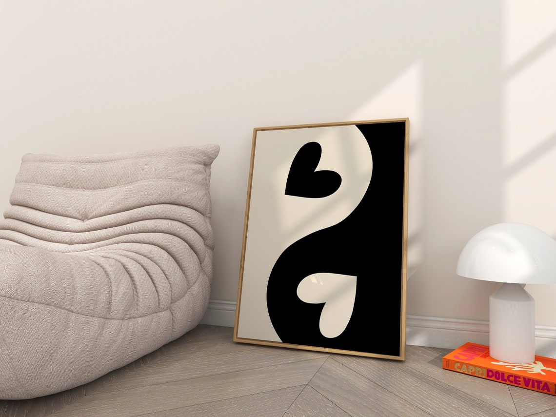 Black and White Yin Yang Hearts Minimalist Abstract Art Poster - Image 2