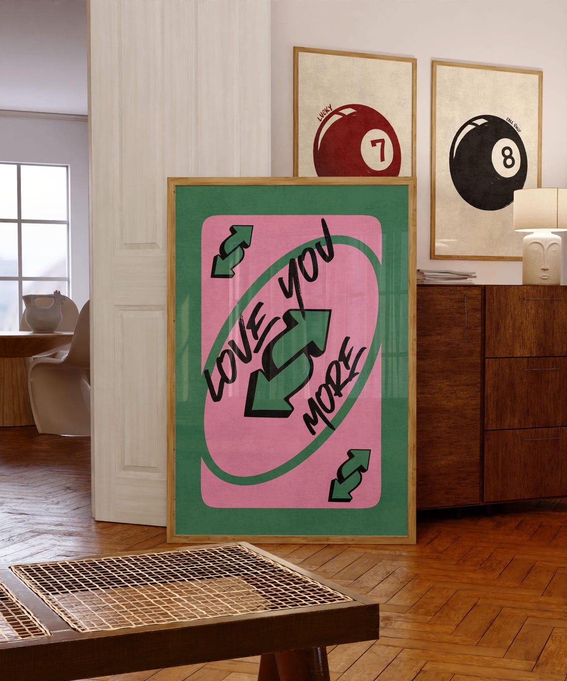 Love You More Pink and Green Playing Card Retro Reverse Trendy Poster - Image 4
