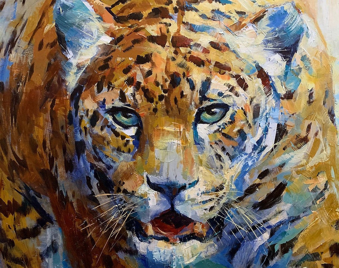 Golden Leopard Face Close Up Warm Impressionist Wildlife Poster