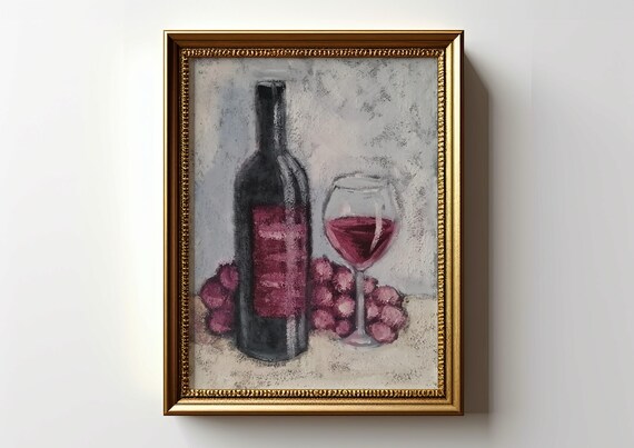 Classic Red Wine Bottle and Glass Still Life Kitchen Decor Poster