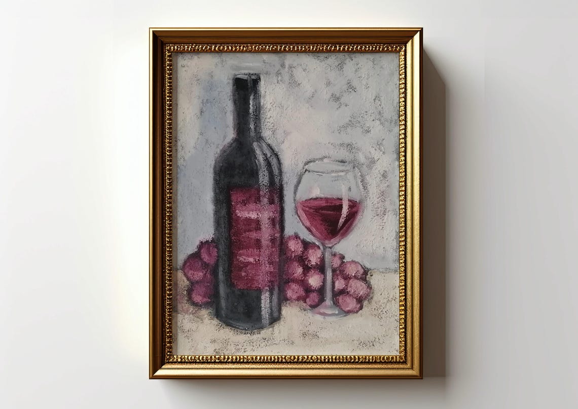 Classic Red Wine Bottle and Glass Still Life Kitchen Decor Poster