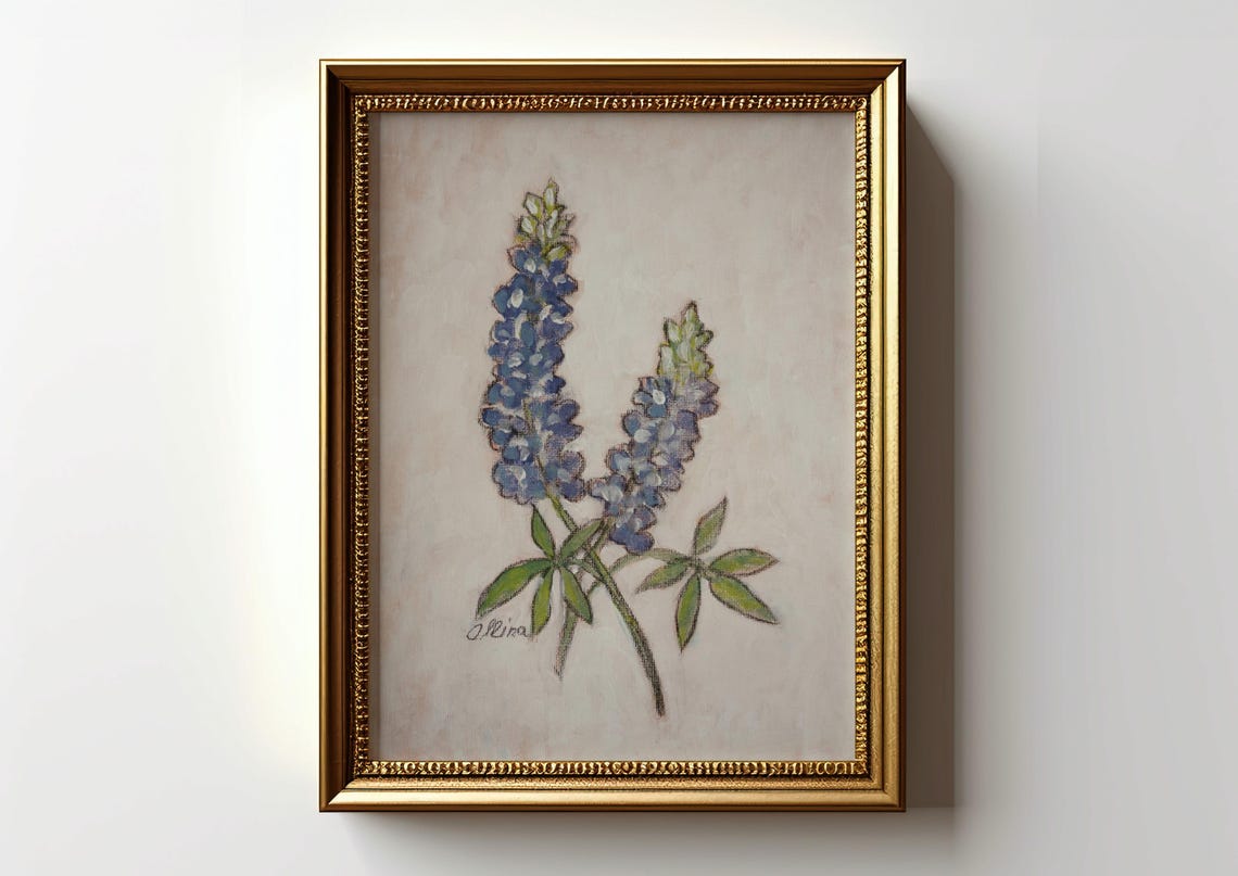 Two Bluebonnet Stems Botanical Wildflower Painting Art Poster