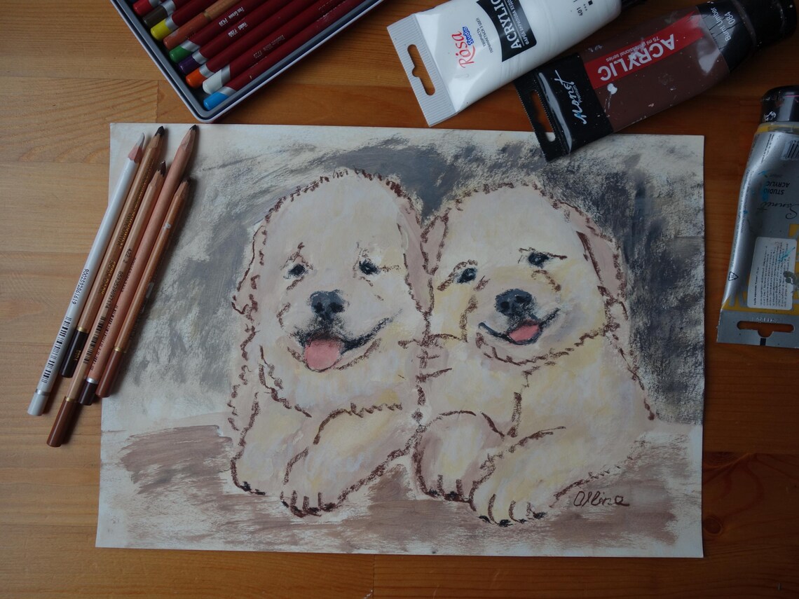 Two Golden Retriever Puppies Portrait Painting Poster Happy Pups Gift - Image 3