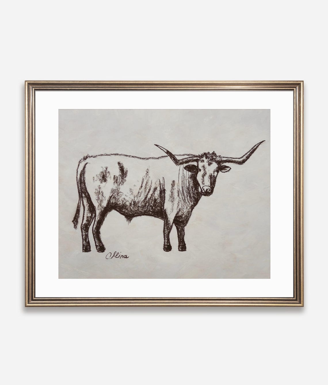 Longhorn Steer Standing Sepia Ink Sketch Poster Rustic Ranch Artwork