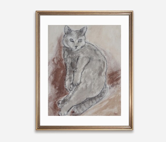 Gray Cat Minimalist Drawing, Poster Print