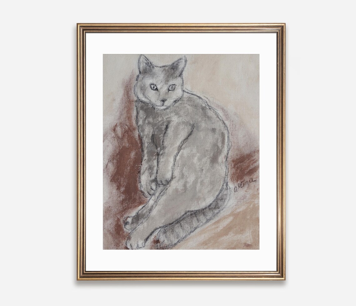 Gray Cat Minimalist Drawing, Poster Print