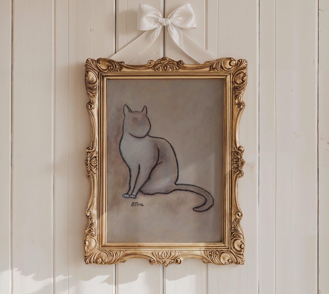 Sitting White Cat in a Minimal Abstract Line Drawing Art Poster