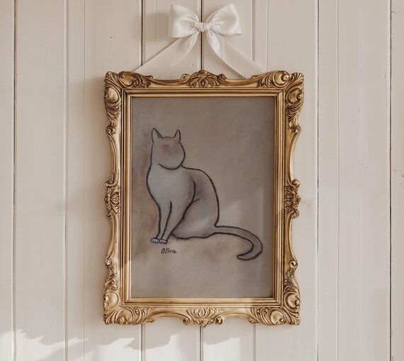 Sitting White Cat in a Minimal Abstract Line Drawing Art Poster