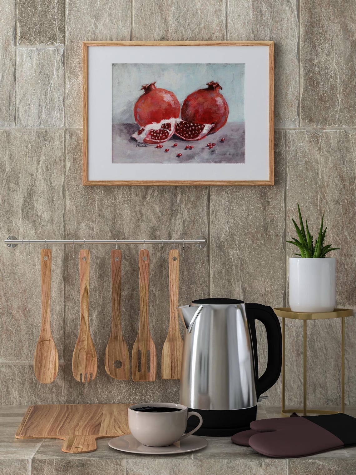 Two Ripe Pomegranates With Open Ruby Seeds Still Life Art Poster - Image 2