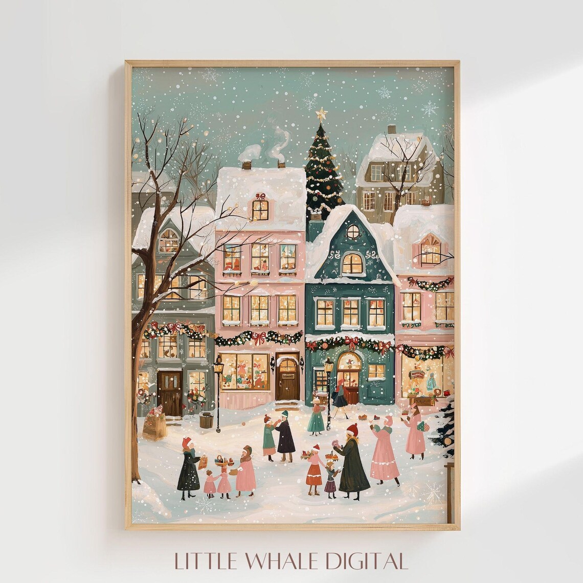 Pink Christmas Town Square With Carolers Snowy Holiday Scene Poster