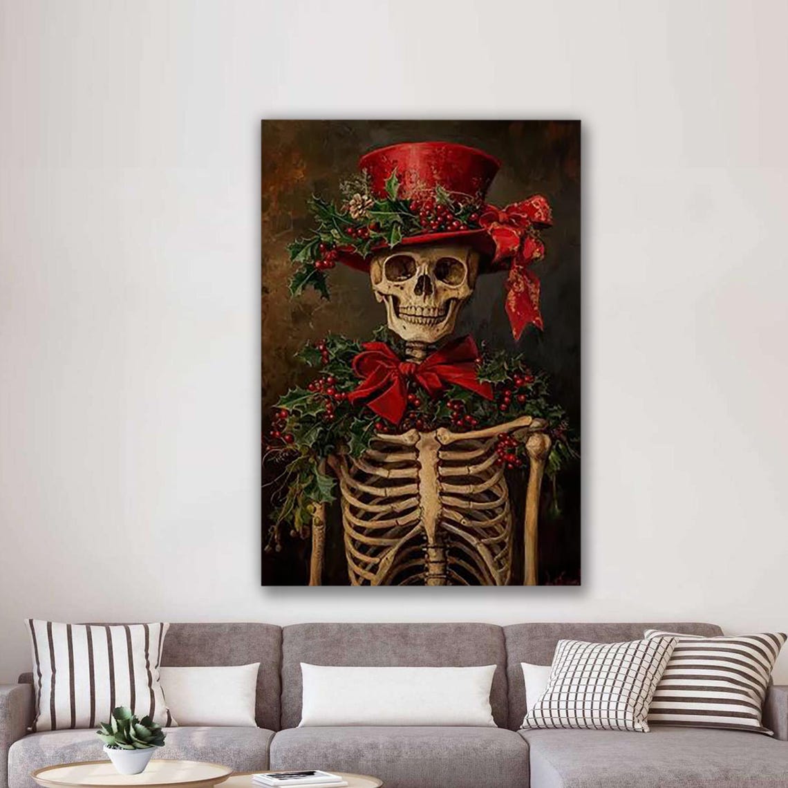 Skeleton in Red Holiday Hat with Holly Gothic Christmas Poster