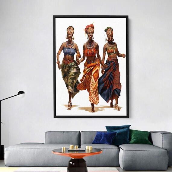African Culture Wall Art Print Colorful Tribal Women Dancing In Traditional Dress Afro Ethnic Decor Modern Boho Canvas Artwork