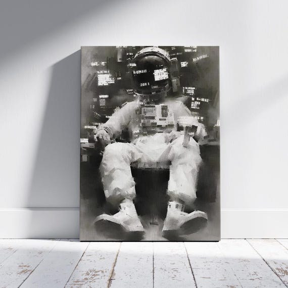 Abstract Astronaut Sketch Black And White Space Wall Art Scifi Themed Print Futuristic Home Decor