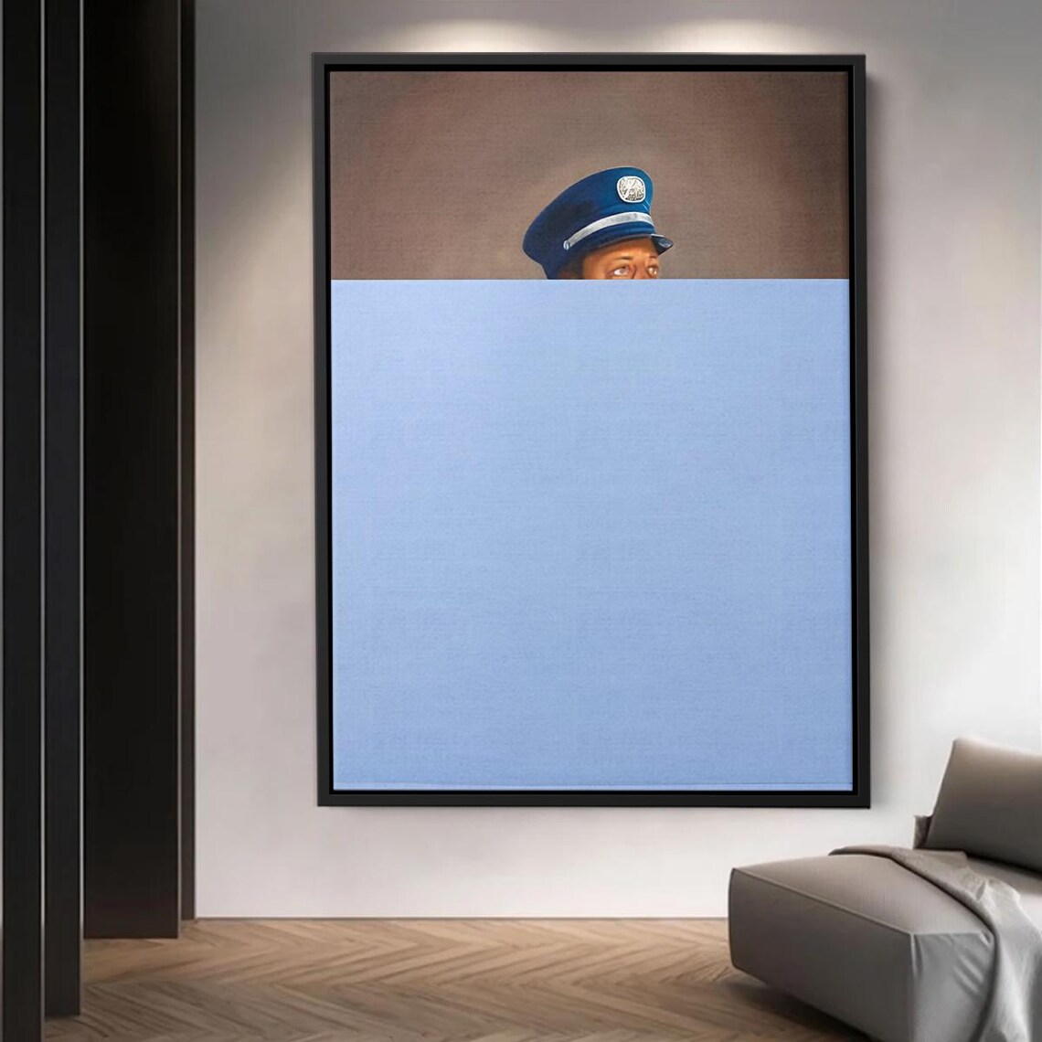 Officer Peeking Over Blue Wall Minimalist Surreal Funny Art Poster