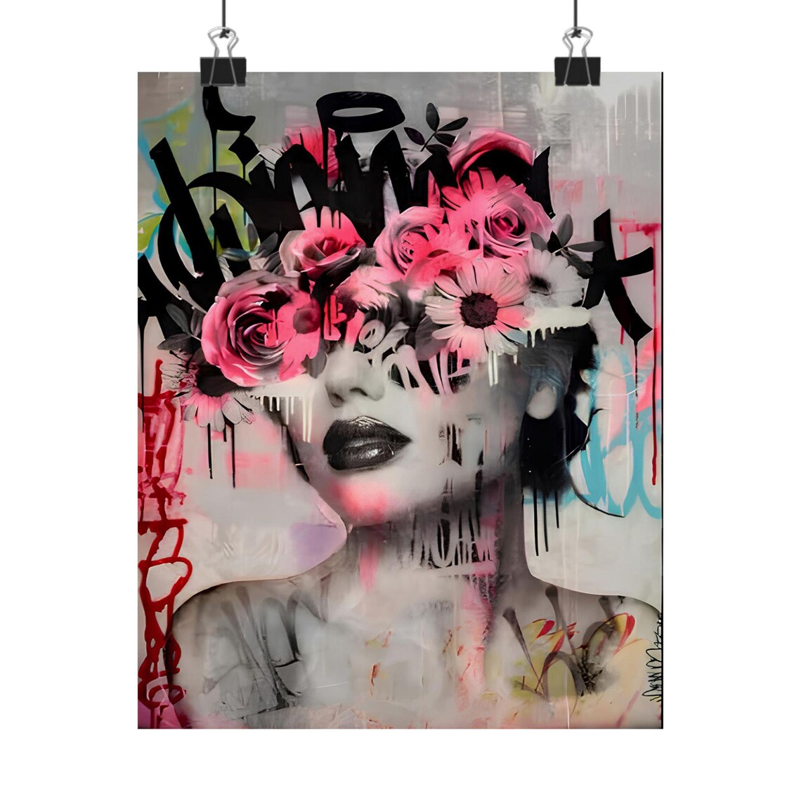 Graffiti Floral Woman Portrait Pink Flowers Urban Street Style Poster