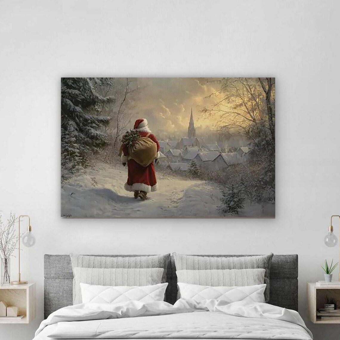 Santa Claus Walking Through Snow To Village With Church At Sunset Poster