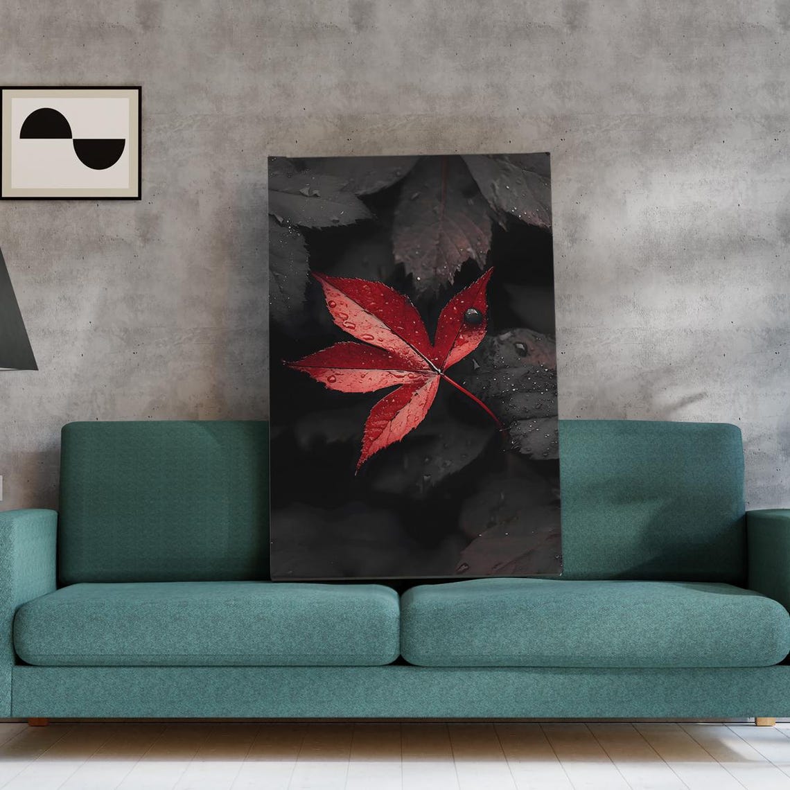 Bold Red Maple Leaf Raindrops Dark Moody Minimalist Art Poster