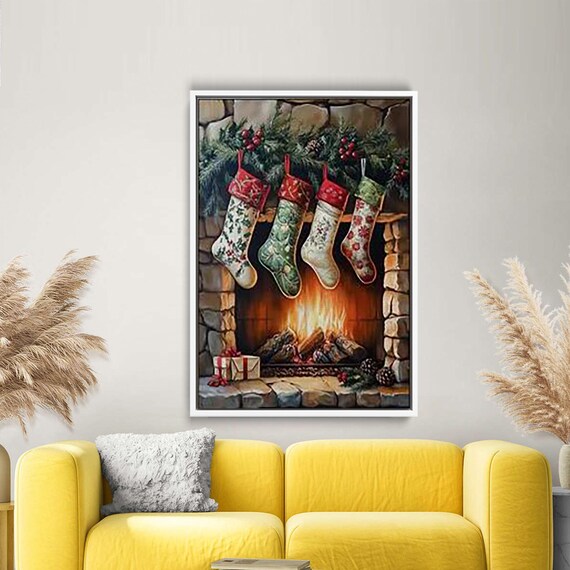 Cozy Christmas Stockings By Stone Fireplace With Garland Fire Poster