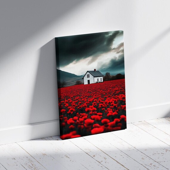 Red Poppy Field White Farmhouse Dramatic Moody Stormy Sky Poster