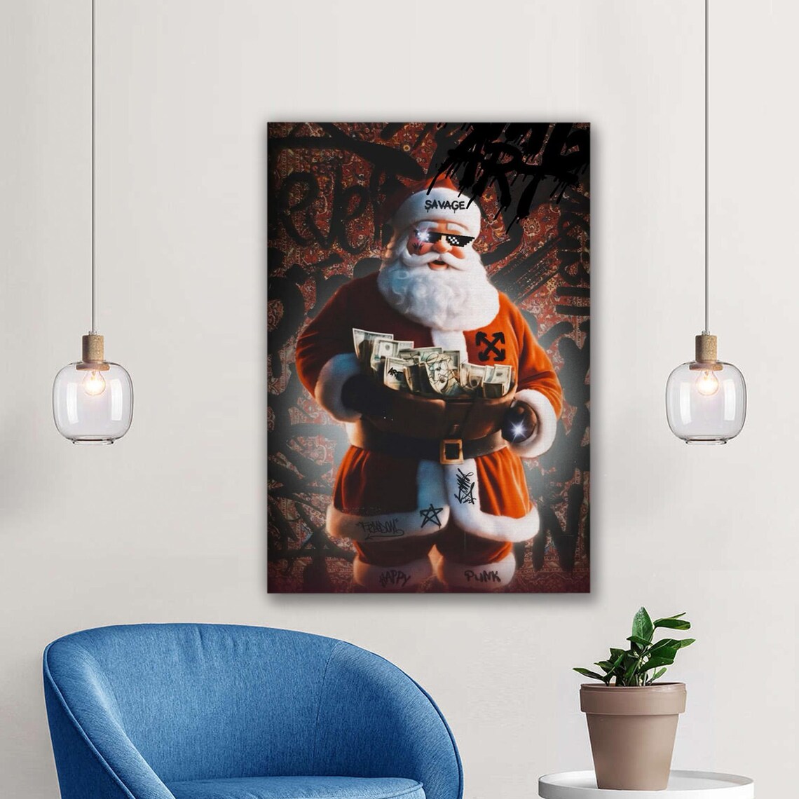 Savage Graffiti Santa With Pixel Sunglasses Holding Cash Stack Wall Art