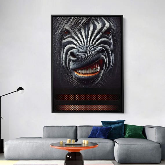 Scary And Mysterious Zebra Portrait Dark Futuristic Art Canvas Unique Wall Decor