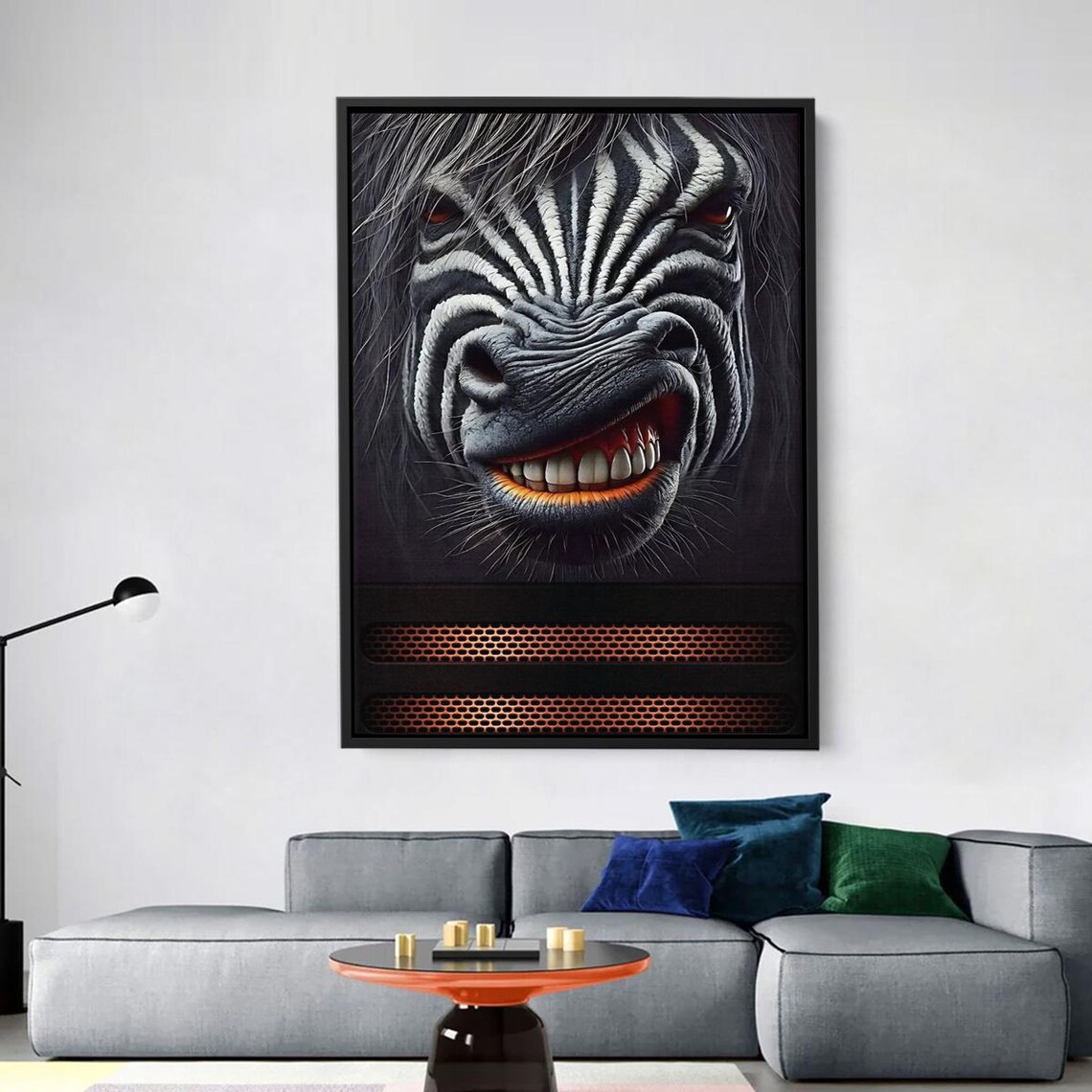 Scary Zebra Portrait Dark Futuristic Red Eyes Snarling Teeth Poster