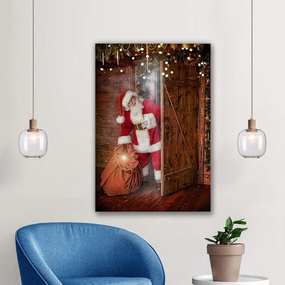 Cozy Santa Claus Rustic Cabin Door Christmas Winter Night Poster