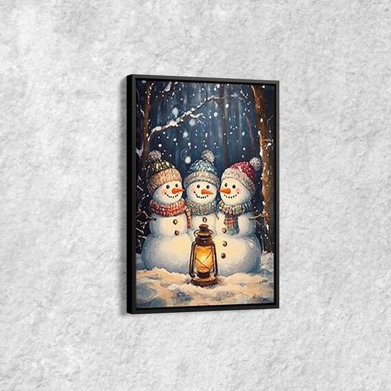 Three Cheerful Snowmen With Knit Hats And Lantern In Snowfall Poster