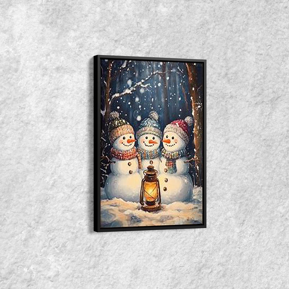 Three Cheerful Snowmen With Knit Hats And Lantern In Snowfall Poster