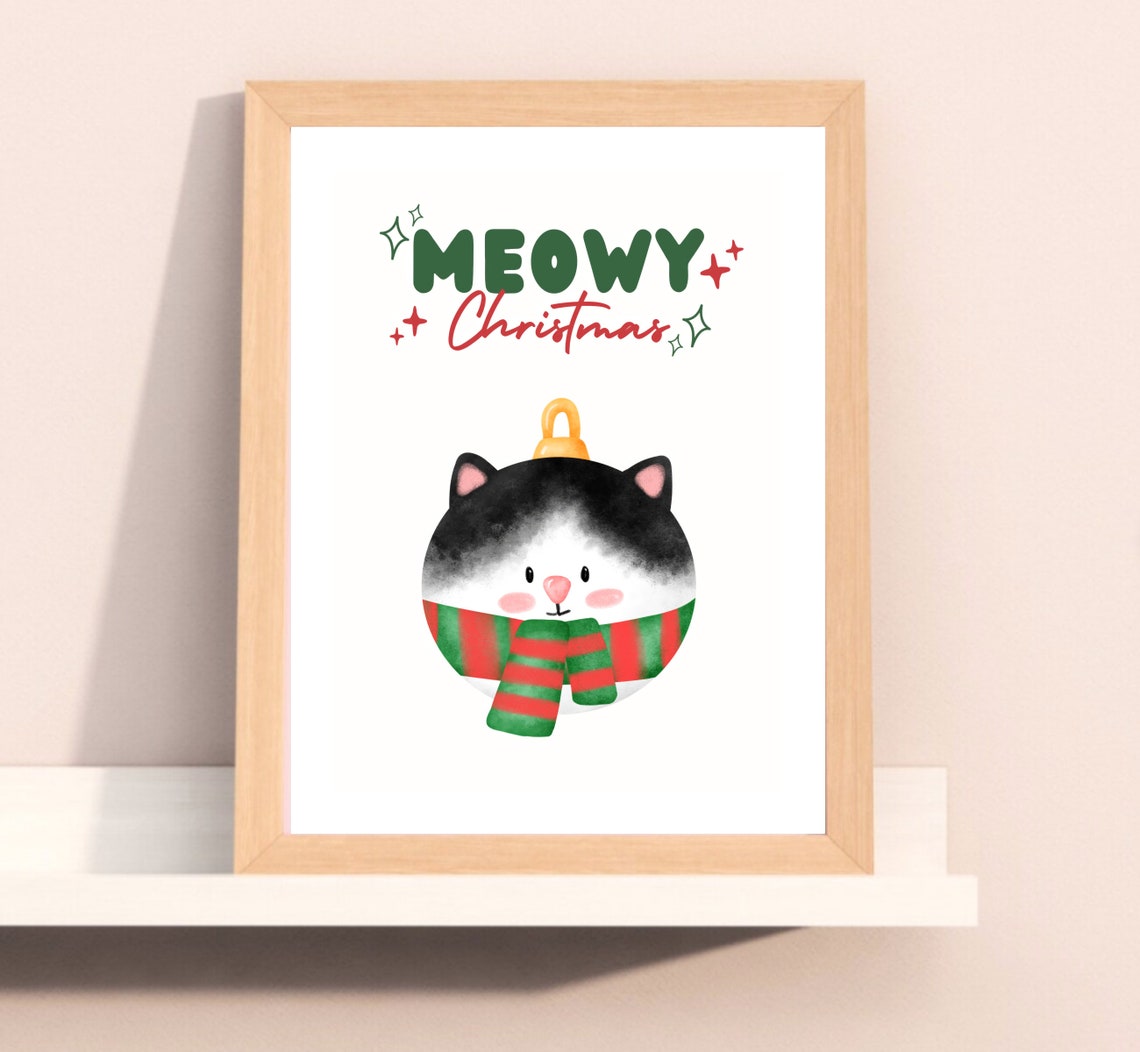 Cute Meowy Christmas Cat, Holiday Wall Art Print - Image 2