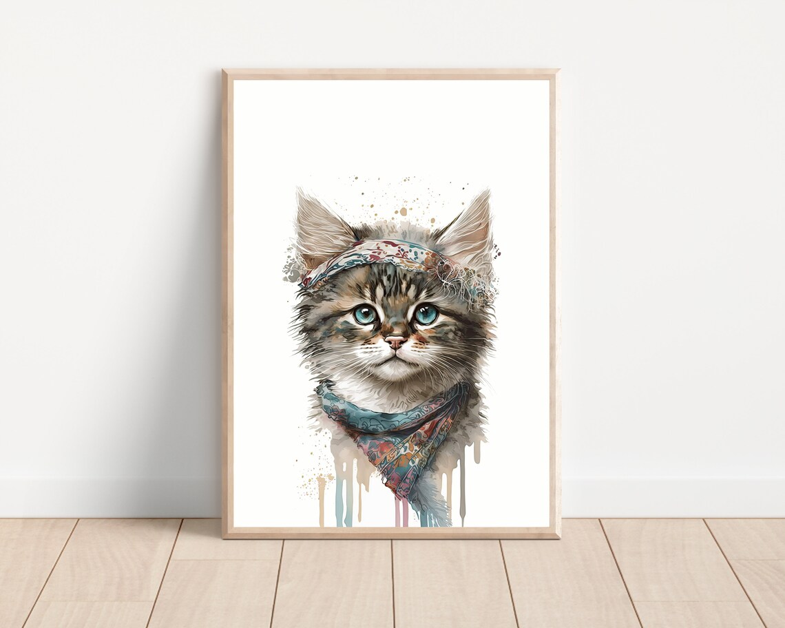 Watercolor Kitten Wearing Boho Headband Tribal Style Nursery Wall Art