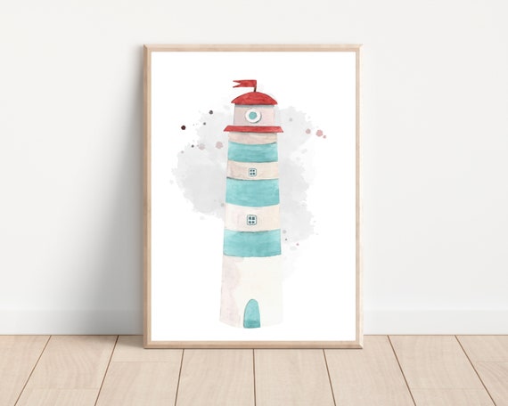Light Blue Watercolor Nursery Lighthouse Print Coastal Nursery Wall Art Nautical Themed Nursery Wall Decor Baby Boy Room Decor