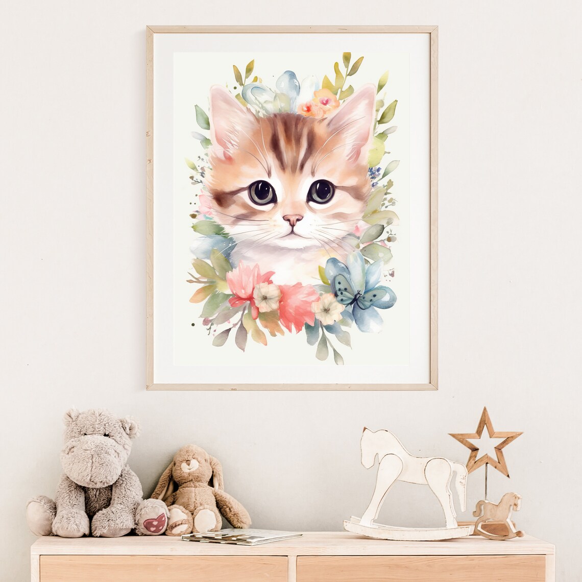 Cute Tabby Kitten Watercolor Floral Wreath Nursery Baby Room Wall Print - Image 3