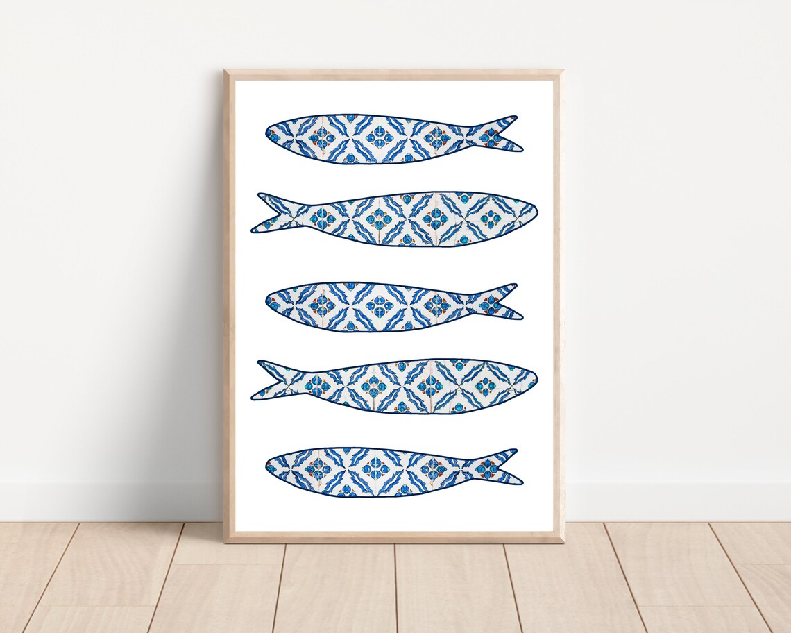 Blue Portuguese Sardines Tile Art Print, Portugal