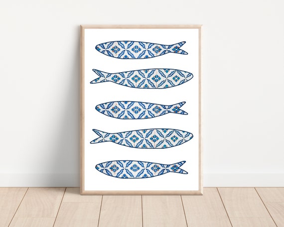 Blue Portuguese Sardines Tile Art Print, Portugal