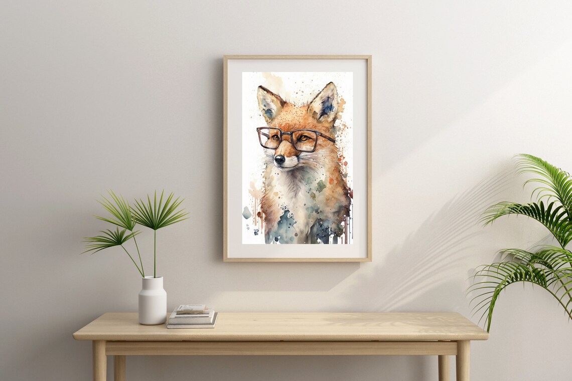 Watercolor Fox Wearing Black Glasses Funny Animal Nursery Portrait Print - Image 4