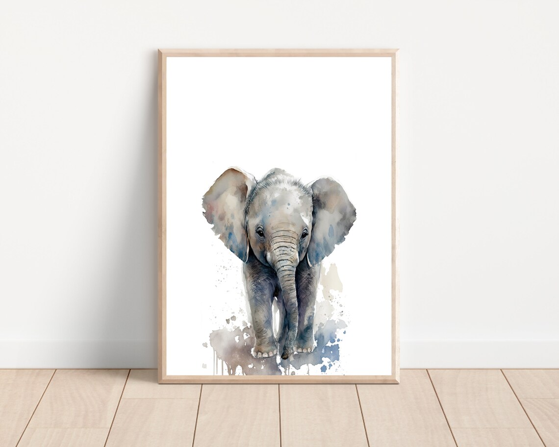 Watercolor Baby Elephant Portrait Nursery Safari Animal Poster