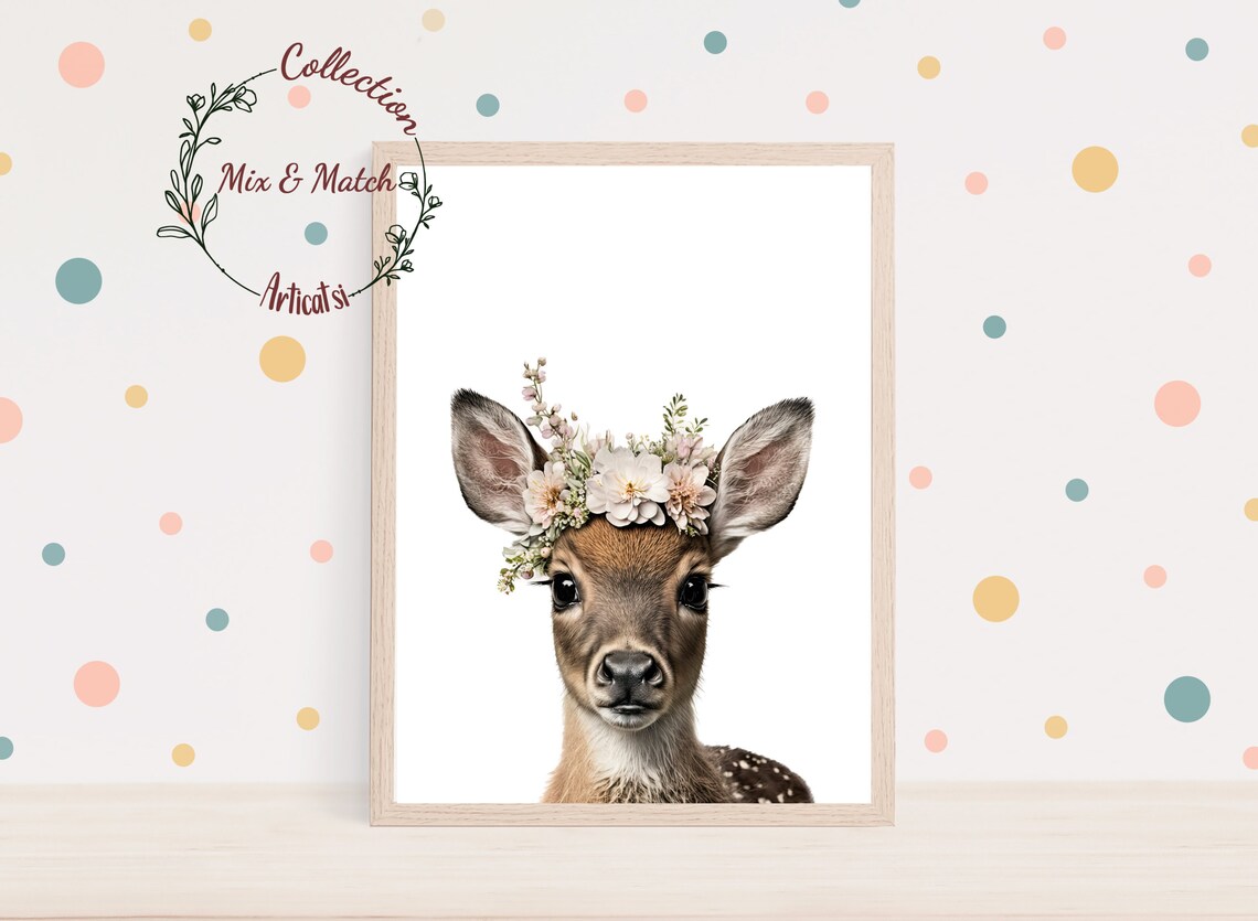 Baby Deer Fawn Flower Crown Woodland Nursery Nature Photo Wall Poster