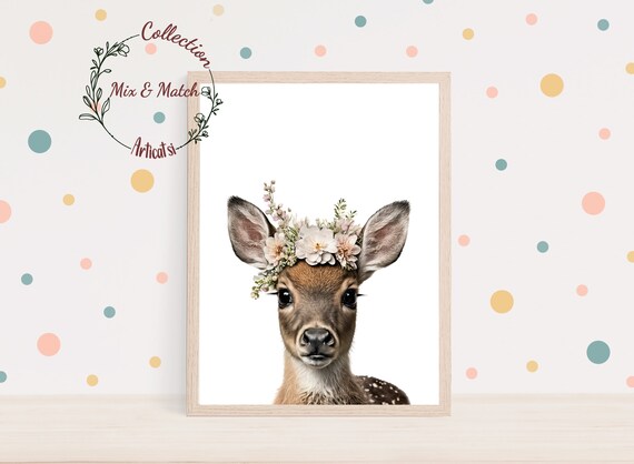 Baby Deer Fawn Flower Crown Woodland Nursery Nature Photo Wall Poster