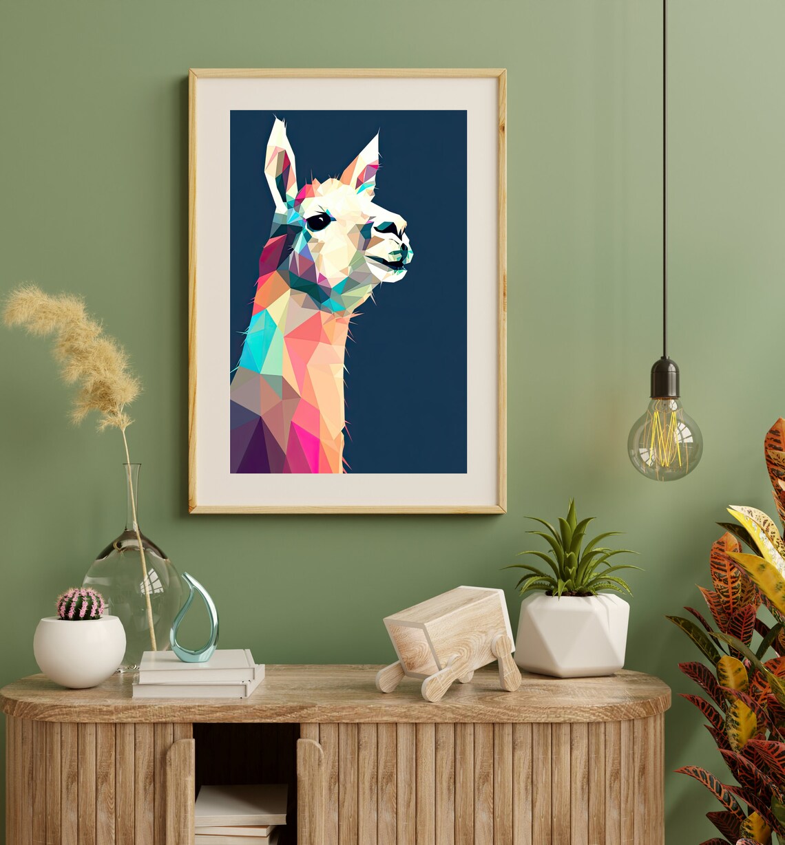 Colorful Geometric Low Poly Llama Portrait Navy Background Print - Image 3
