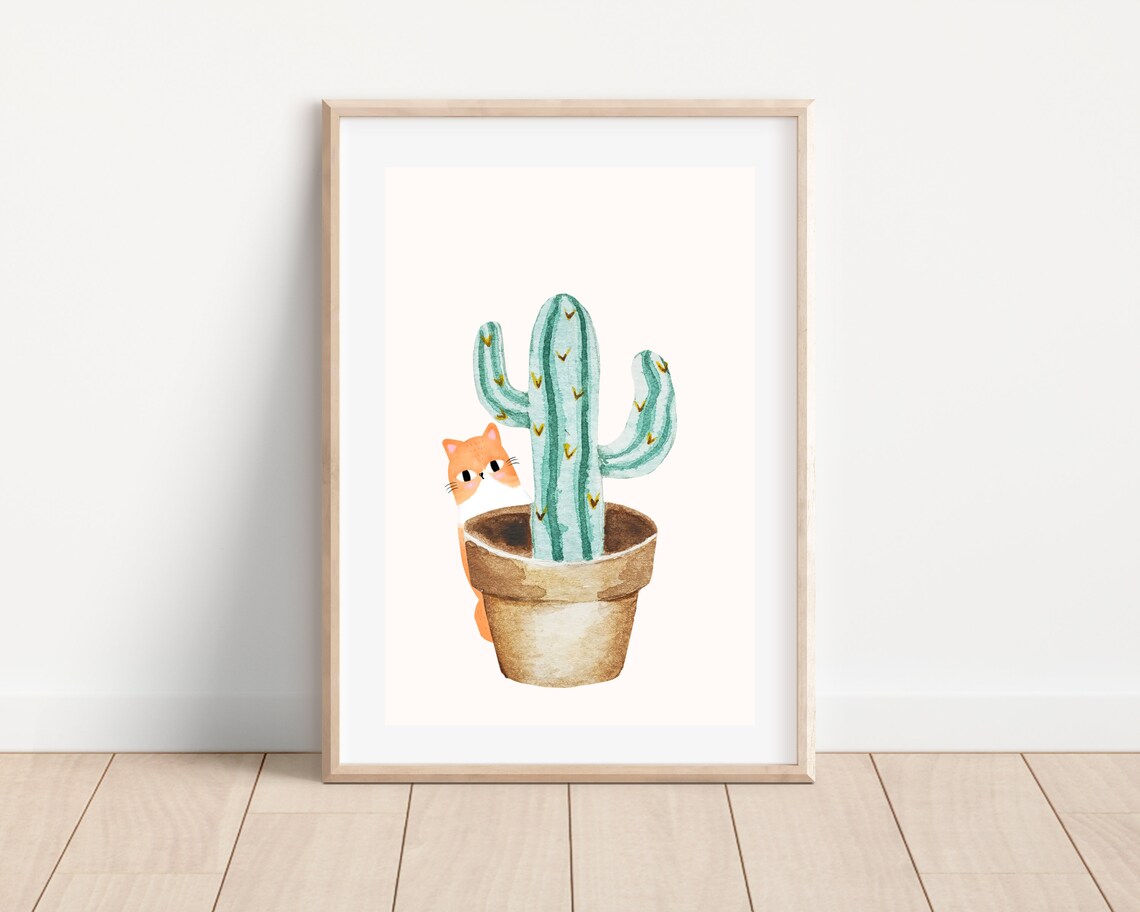 Boho Cat And House Plant, Watercolor Botanical Art Print