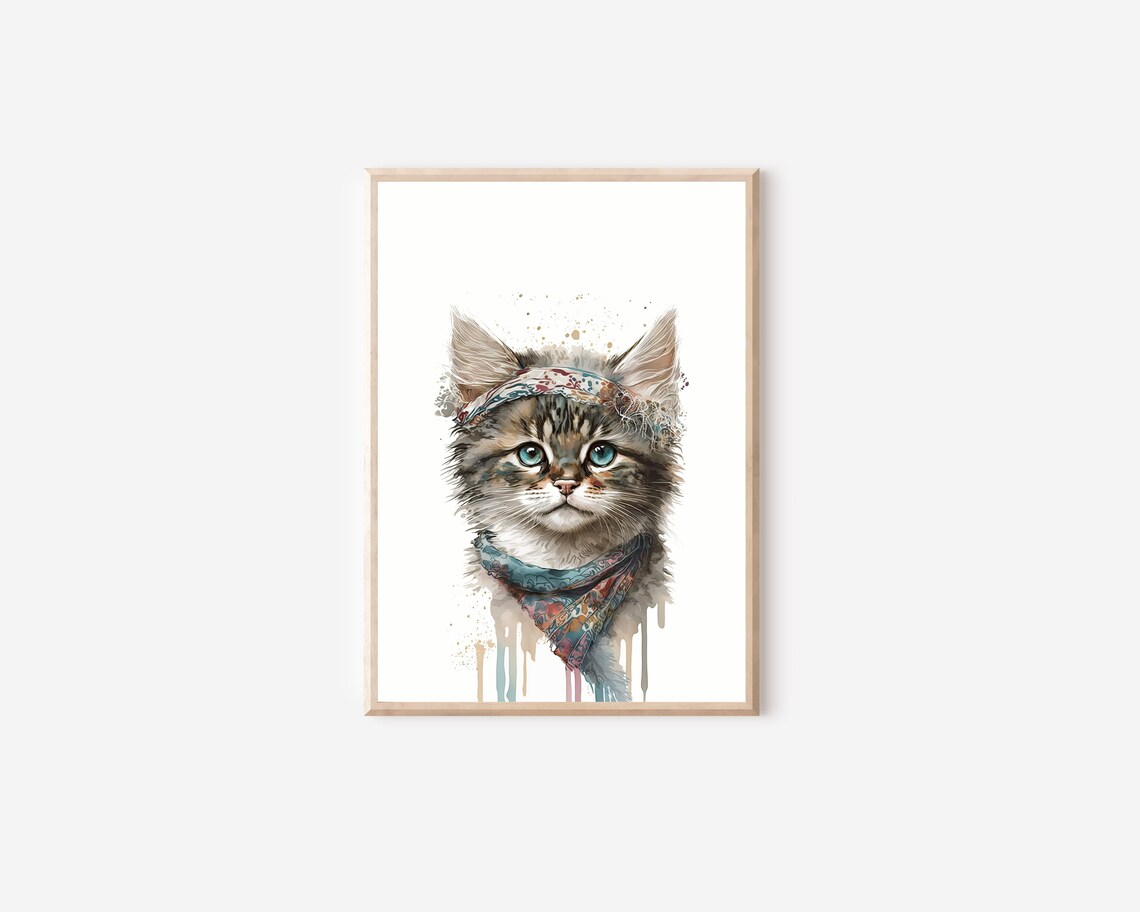 Watercolor Kitten Wearing Boho Headband Tribal Style Nursery Wall Art - Image 4