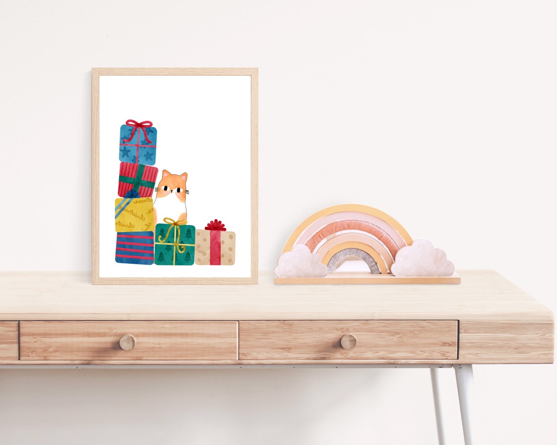 Cute Christmas Cat With Present, Holiday Art Print - Image 2