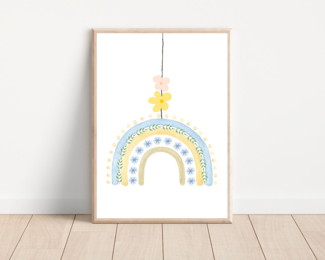 Minimalist Nursery Rainbow and Flowers Art Print