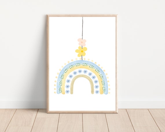 Minimalist Nursery Rainbow and Flowers Art Print