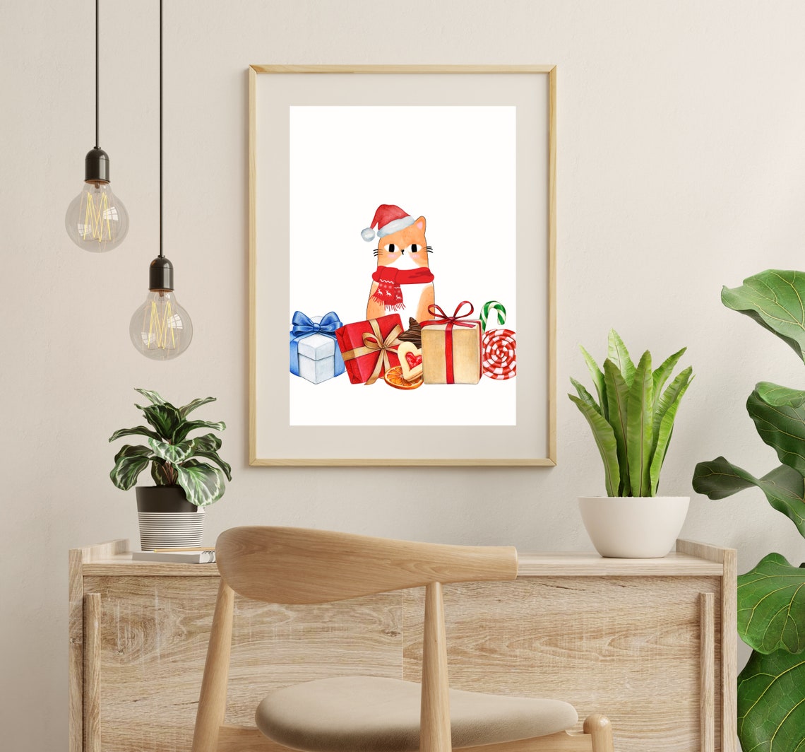 Cute Christmas Cat and Presents Christmas Art Print - Image 3