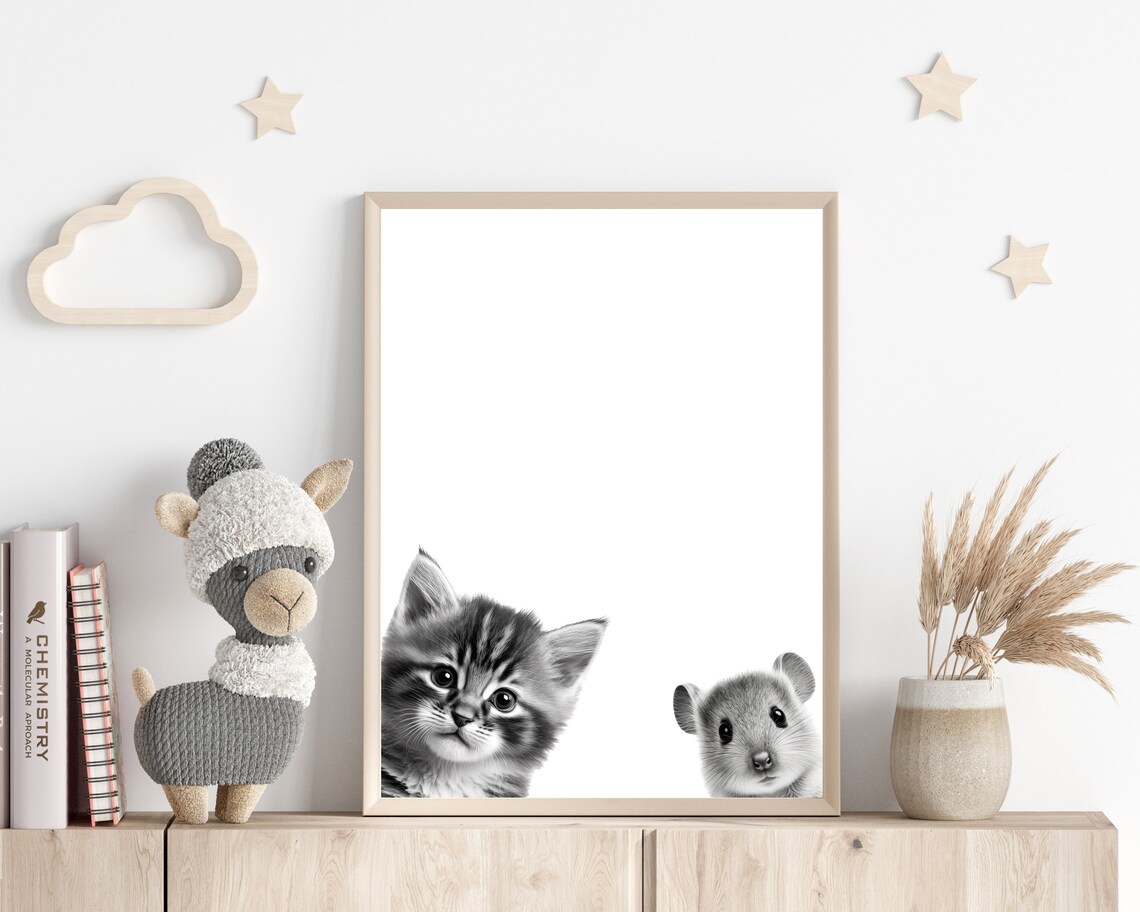 Black And White Baby Cat And Mouse Peeking Nursery Animal Wall Art - Image 3